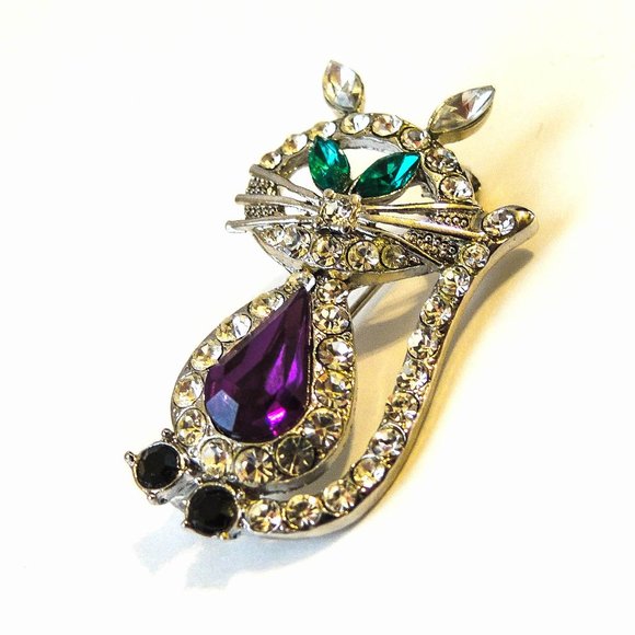 KITTY CAT PIN, ALL OVER CRYSTALS WITH GREEN EYE AN - Picture 6 of 6